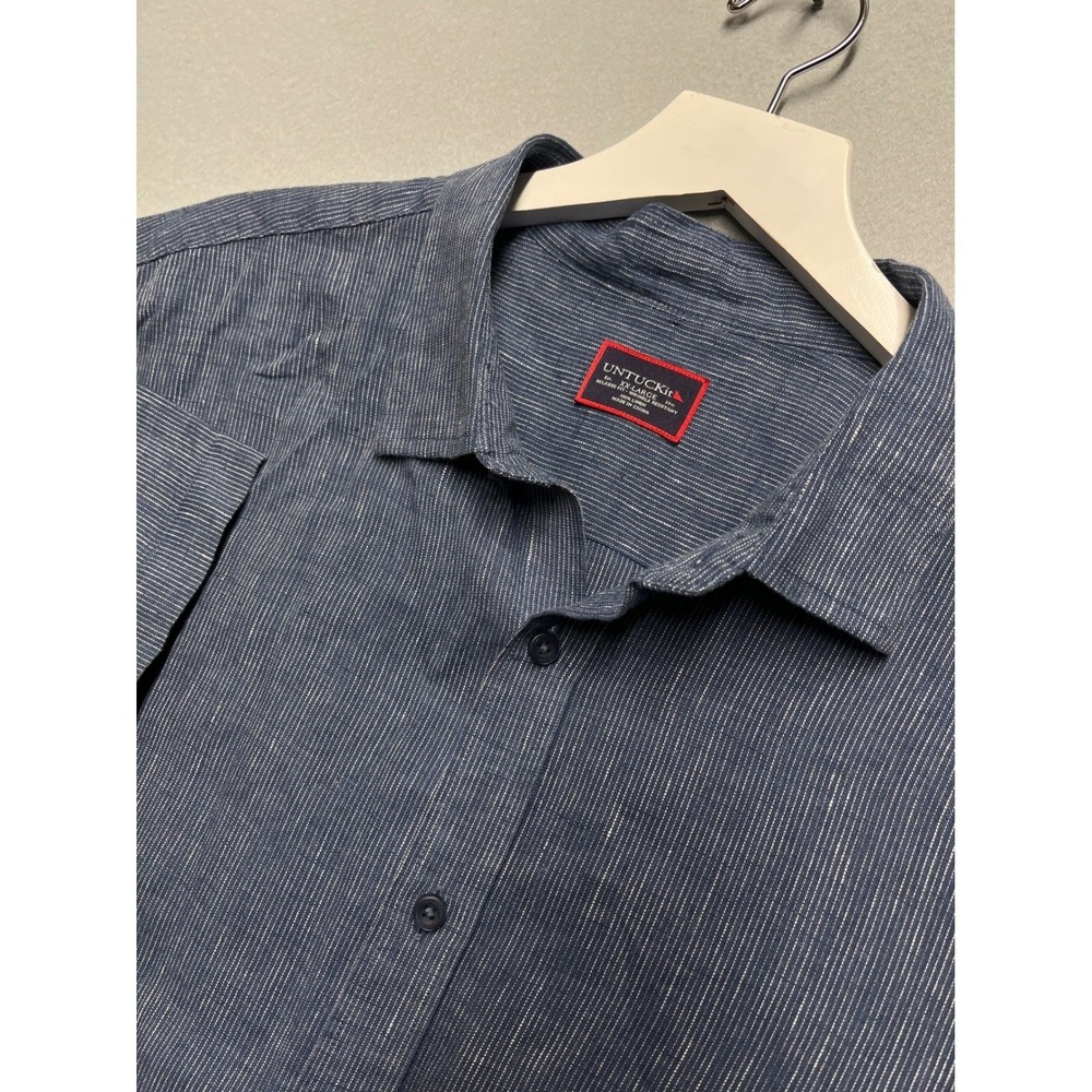 UNTUCKit Canon Blue White Stripe 100% Linen Short Sleeve Shirt Mens XXL Relaxed